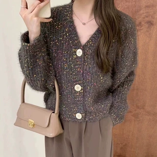 2026新款彩点毛衣外套女复古慵懒宽松软糯花线针织衫v领开衫外穿