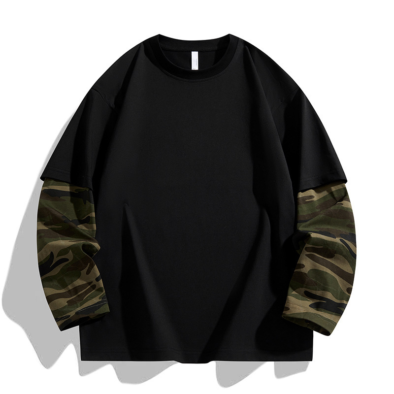 Fake Two-Piece Camouflage Long-Sleeved T-Shirt for Men, New Spring and Autumn Style, Unisex Loose Casual Round-Neck Top, Men's Clothing
