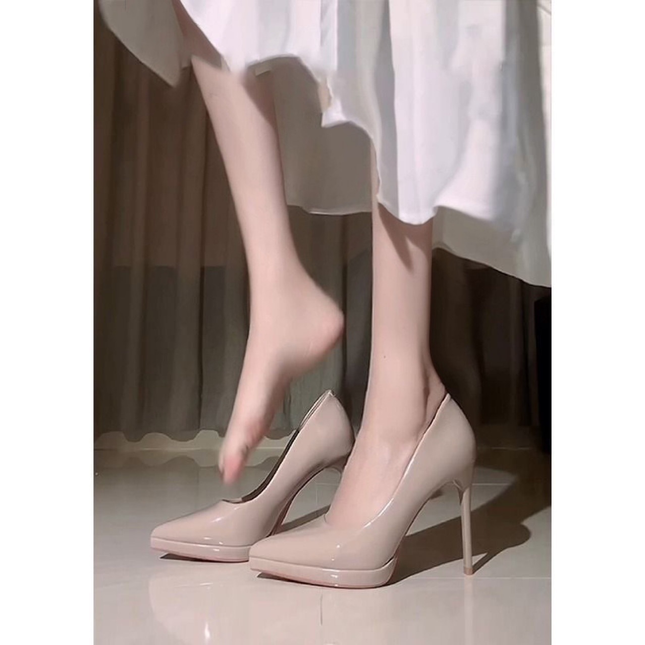 Nude High Heels Women's Stiletto Heels 2024 Spring & Fall New Pointed Toe Shallow Mouth Waterproof Platform Gentle Flats Patent Leather 11cm