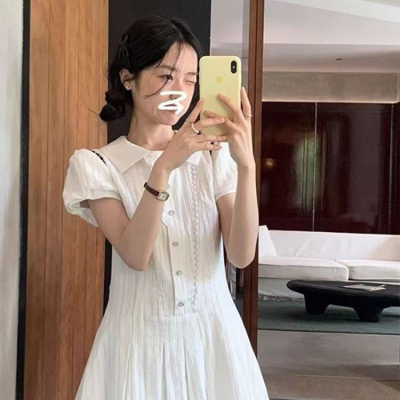 学院风翻领白色连衣裙女a字裙夏季甜美显瘦裙|undefined