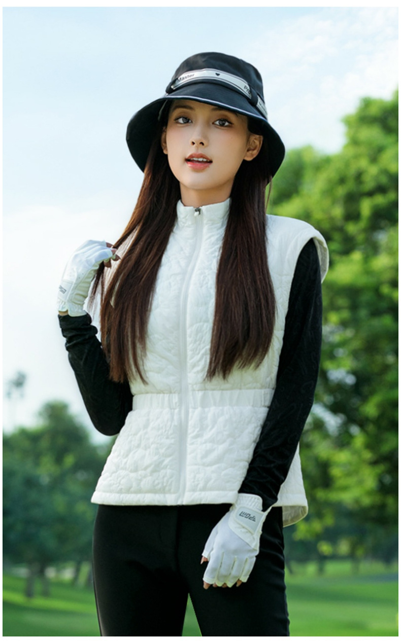 Áo vest khoác nữ thể thao golf chần bông cổ đứng khóa kéo — Áo vest trắng [eo có thể điều chỉnh/cổ áo đứng có khóa kéo/lót chần bông] YF856 chi tiết 9