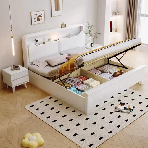 White solid wood bed modern simple 1.8m double bed bedroom 1.5m single high box storage master bedroom wedding bed