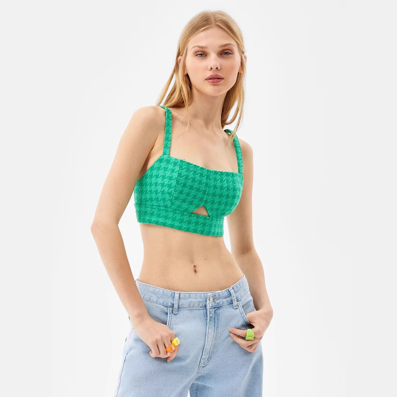 2025 European and American Cross-Border Women's Clothing Small Fragrance Style Cut Out Design Textured Woolen Short Camisole Top Sexy