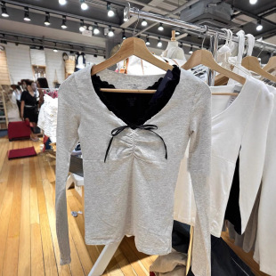 BM style new gray lace collar bow long sleeve T-shirt women's bm autumn top slim base