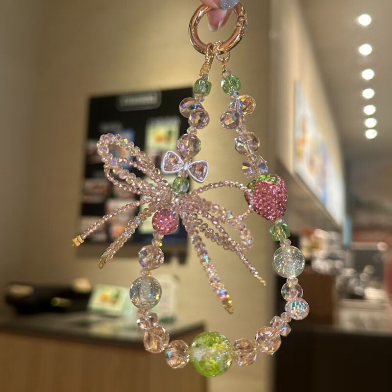彩色水晶串珠蝴蝶结花朵手机挂件时尚甜美爱心草莓钥匙扣包包挂链|undefined