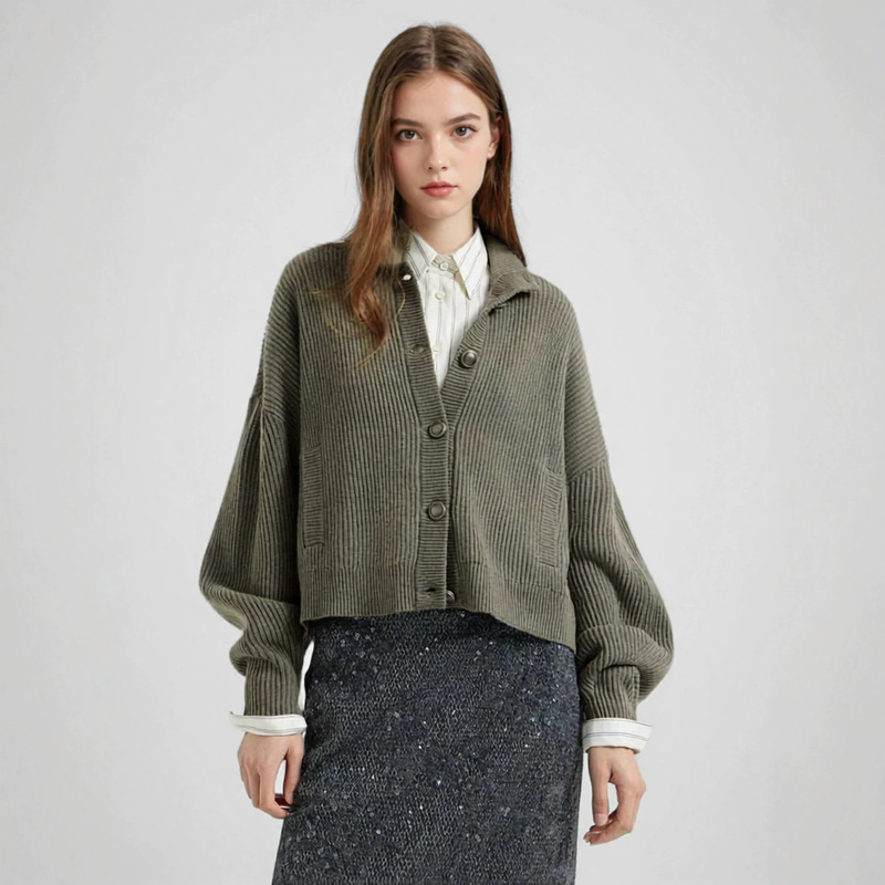 Vintage Workwear-Style Ribbed Cardigan! Gray-Green Turn-Down Collar Lantern Sleeve Style with Pockets, Lazy Layering Knit Jacket Vintage Workwear-Style Ribbed Cardigan! Gray-Green Turn-Down Collar Lantern Sleeve Style with Pockets, Lazy Layering Knit Jacket