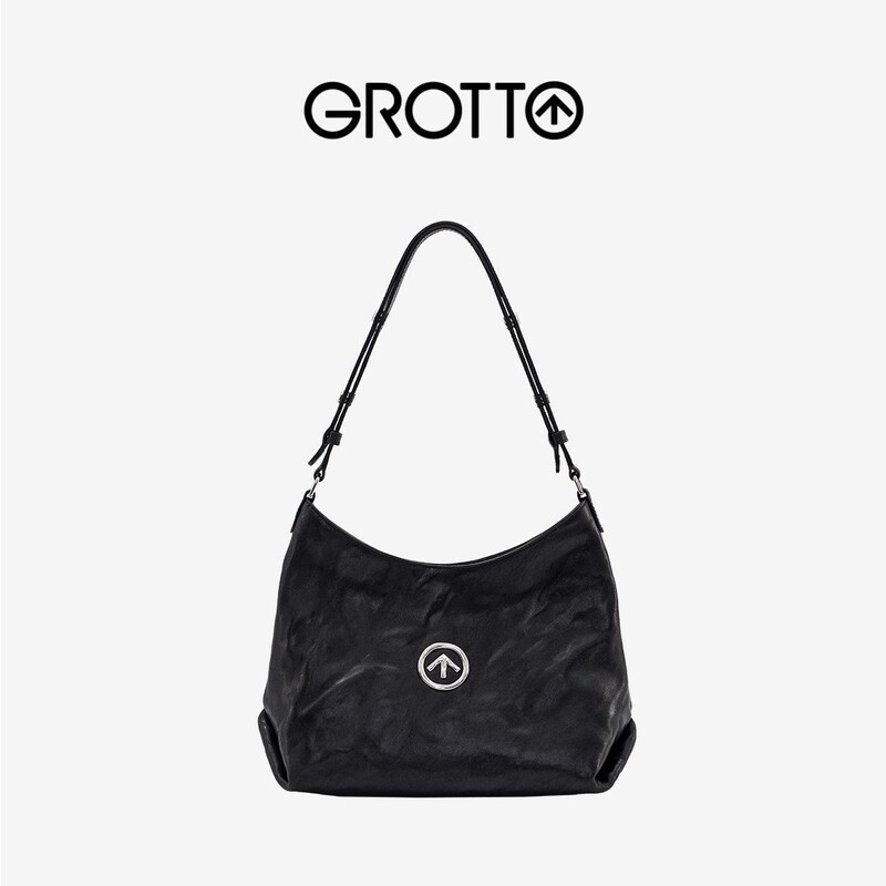 Grot Arrowhead Black Stone Hobo Bag Vegetable-Tanned Pleated Leather Underarm Shoulder Crossbody Tote Bag Commuter Women's Bag Grot Arrowhead Black Stone Hobo Bag Vegetable-Tanned Pleated Leather Underarm Shoulder Crossbody Tote Bag Commuter Women's Bag
