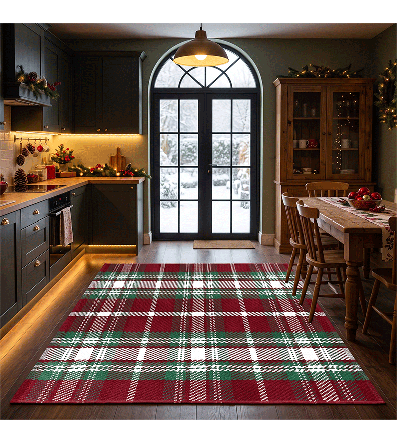 New imitation coconut palm floor mat with Christmas plaid cotton thread set, entrance door mat, hallway decorative carpet, non-slip and wear-resistant