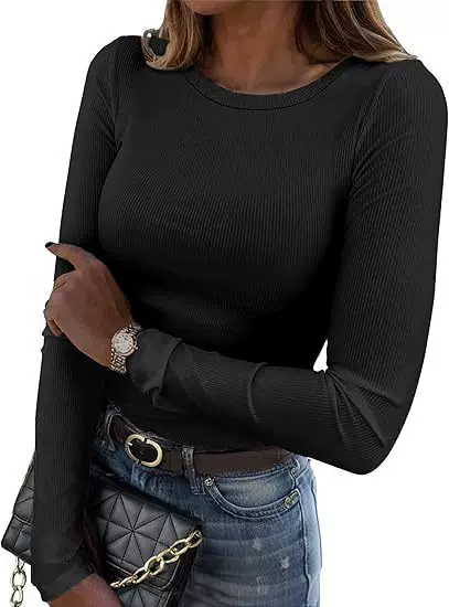 2024 European and American Cross-border New Women's Long-sleeved Elastic Round Neck Rib T-shirt Slim-fit Casual Basic Top
