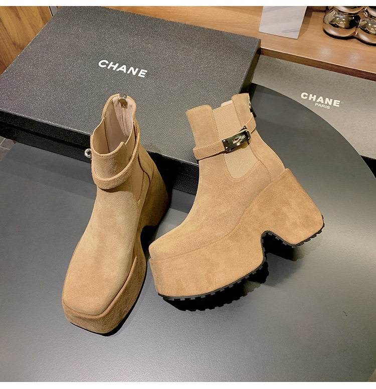 Boot Chelsea nữ cổ thun đế xuồng gót vuông mũi vuông phong cách bụi — Lót đơn màu hạnh chi tiết 14