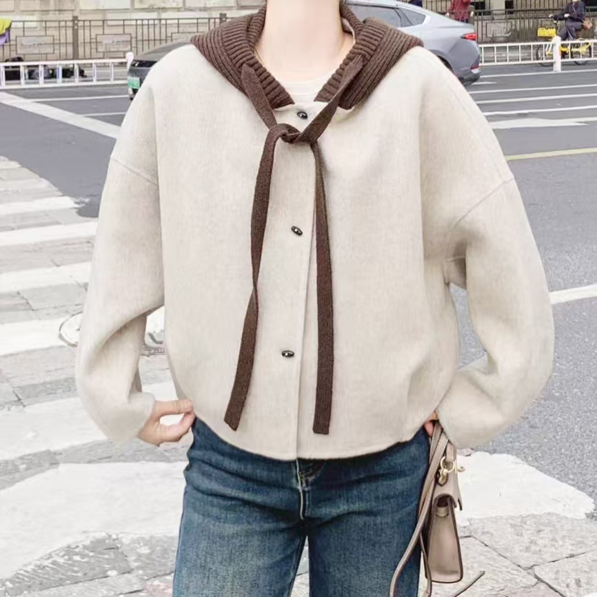 Autumn and Winter New Style High-End Loose Wool Coat Bat Sleeve Classic Versatile Short Casual Jacket for Women