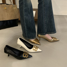 女鞋轻奢高级感单鞋女秋新款速卖通显瘦通勤金属扣细跟尖头高跟鞋