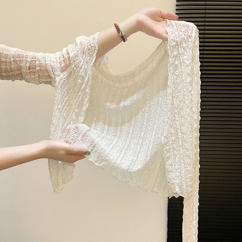 Water Ripple Texture White Ice Silk Mesh Sunscreen Cardigan Women's Summer Suspender Skirt with Shawl Lace Thin Blouse