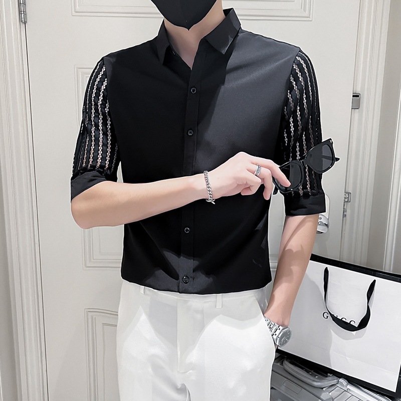 Three-quarter Sleeve Shirt Men's Korean Style Trendy Cut Out Short-sleeved Inch Shirt 2024 New Handsome Trendy Brand Mid-sleeve Top Three-quarter Sleeve Shirt Men's Korean Style Trendy Cut Out Short-sleeved Inch Shirt 2024 New Handsome Trendy Brand Mid-sleeve Top