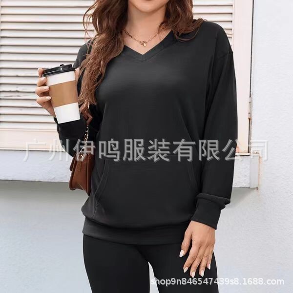 纯色V领宽松卫衣女秋冬新款长袖上衣大码休闲外套|undefined