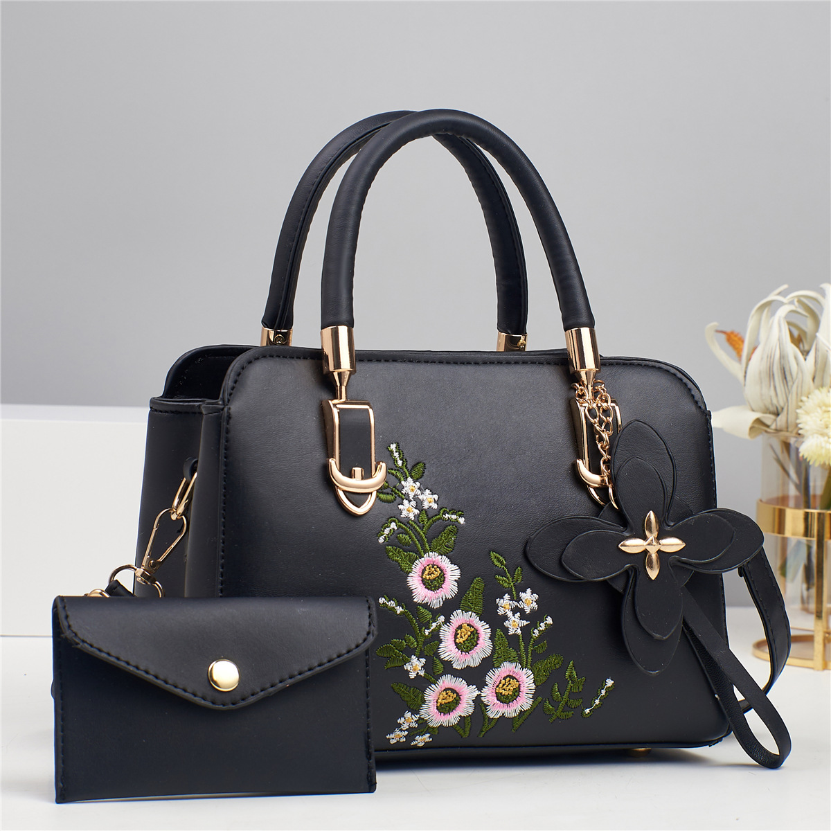 Single Shoulder Strap, Top Handle Strap Type Women's Medium Pu Leather Flower Elegant Sewing Thread Square Zipper Bag Sets