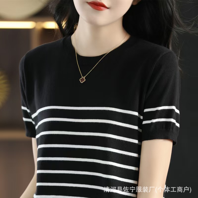 早秋新款黑白条纹低圆领针织衫设计感半身撞色毛衣女百搭纯棉|undefined