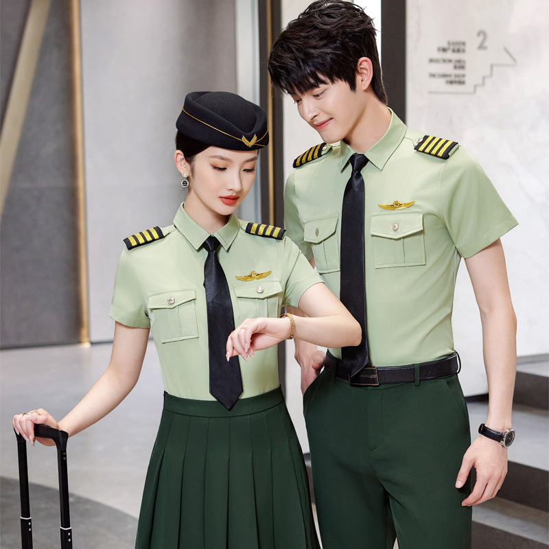 Business Wear Men's and Women's Same Shirt Aviation Pilot Stewardess Uniform Airplane Long-air Band Short-sleeved Green Shirt