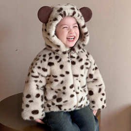 女童豹纹皮草外套2025新款洋气儿童加绒连帽毛毛衣防貂毛保暖冬装
