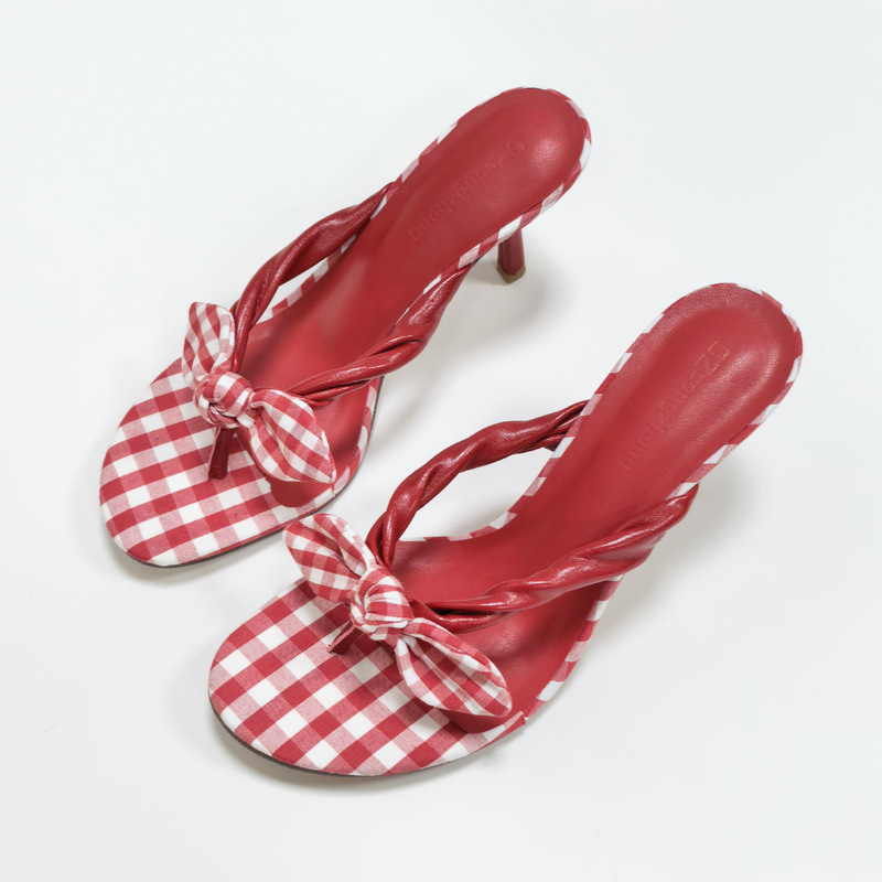 2026 New Checkered Denim Flip-Flops High-Heeled Bowknot Sandals Women's Stiletto Heel Slippers Trendy