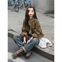 复古咖色牛仔短外套2025早秋新款小众宽松立领工装夹克上衣女批发