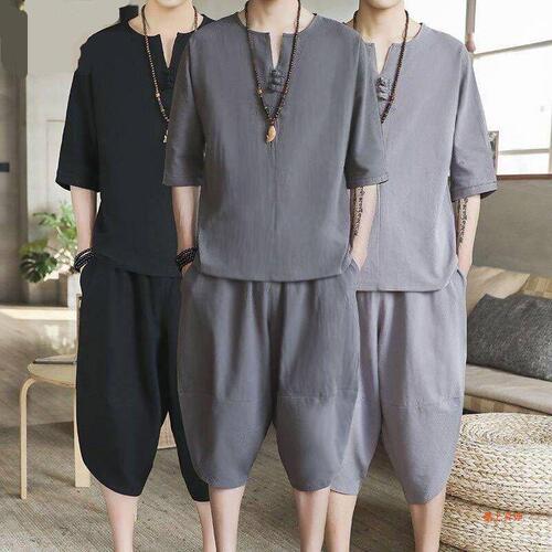 Retro Summer Linen Set for Men - Chinese Style Loose Short-Sleeve Large Collar 7/8 Pants Two-Piece Set Men's Clothing