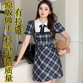 好质量】大码学院风格子polo连衣裙女夏季假两件复古裙子显瘦短裙