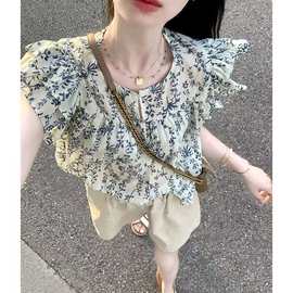 衬衣法式碎花短袖衬衫女夏季娃娃衫衬衣雪纺小衫短款小飞袖上衣