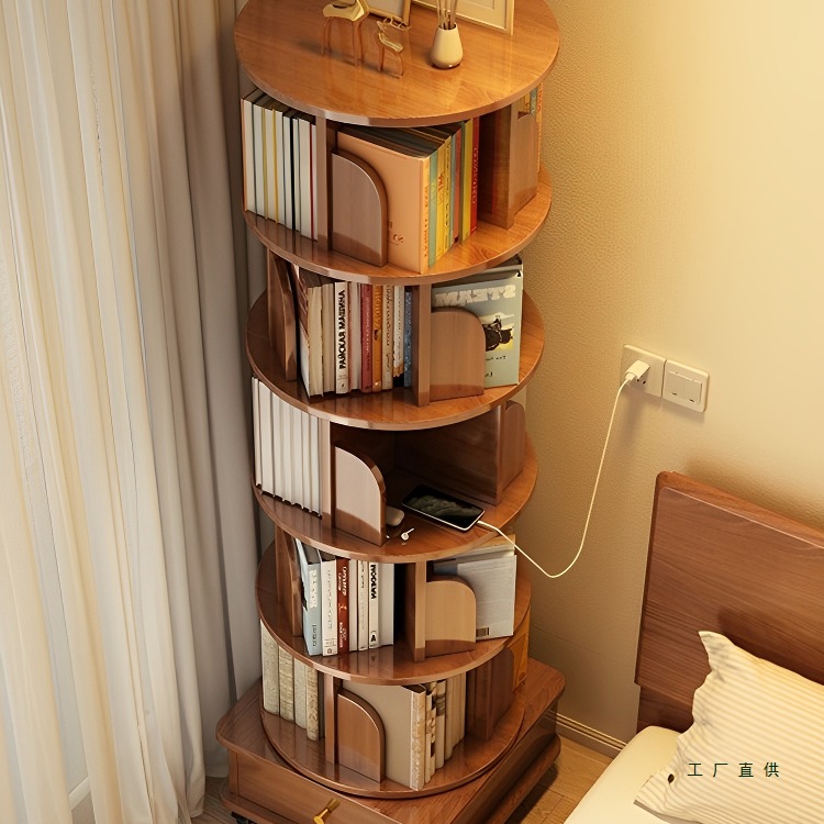 Solid Wood Rotating Bookshelf 360-Degree Integrated Wall-Mounted Removable Bedside Floor-Standing Storage Rack Corner Bookcase