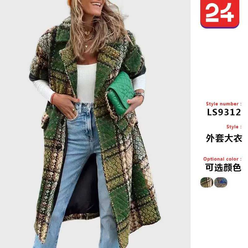 Y9312 2025跨境秋冬新欧美女装时尚长袖翻领外套印花呢子长款大衣