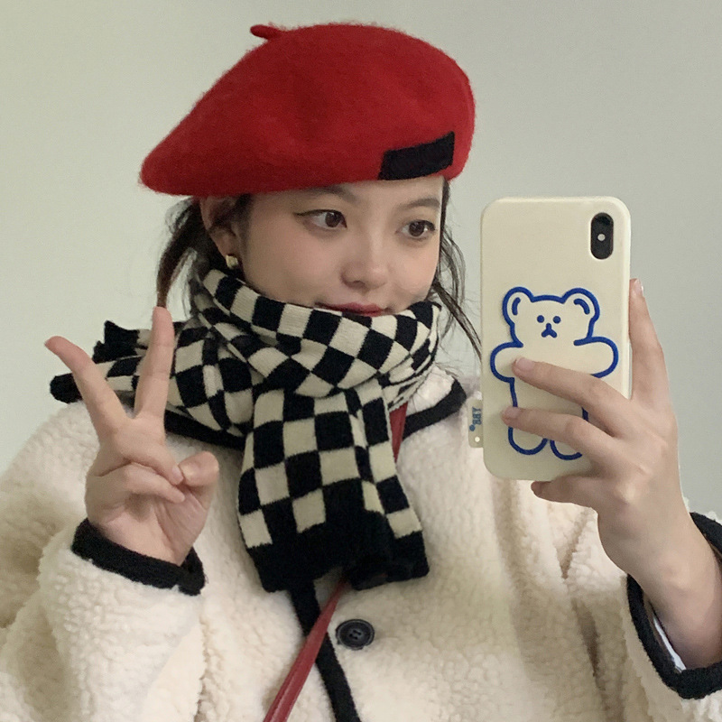 Xiaozhong Chessboard Knitted Woolen Women's Winter Black White Checkered Pattern Korean Version Versatile Student Spring_voghion.com