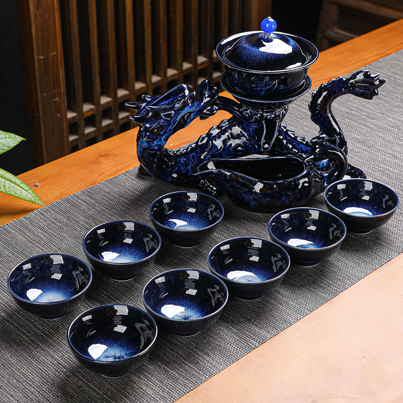 Dragon and Phoenix in Auspiciousness Rotating Automatic Tea Set for Home Office Reception High-end Lazy Tea Maker Glaze Tea Cups