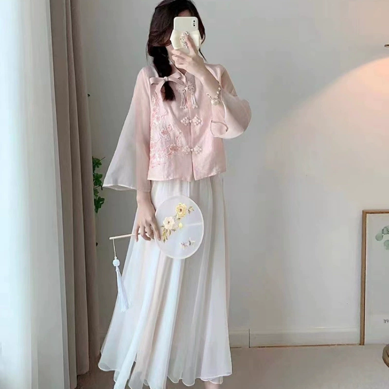 Летний костюм 2025 года в китайском стиле, улучшенный фееричный костюм династии Хань, женский фееричный костюм в стиле Цзяннань, нежный двухкомпонентный костюм в стиле дзен