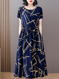 Middle-Aged and Elderly Women's Cotton Silk Dress 40-50 Years Old Mother's Summer Short-Sleeved Loose Mid-Length Artificial Cotton Skirt