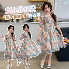 女童新款連衣裙2024夏裝中大童裙子小女孩時尚洋氣公主裙碎花裙潮