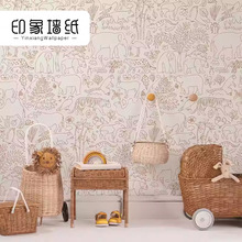 现代儿童房线条动物墙布墙纸壁画北欧风格男孩卧室温馨背景墙壁纸