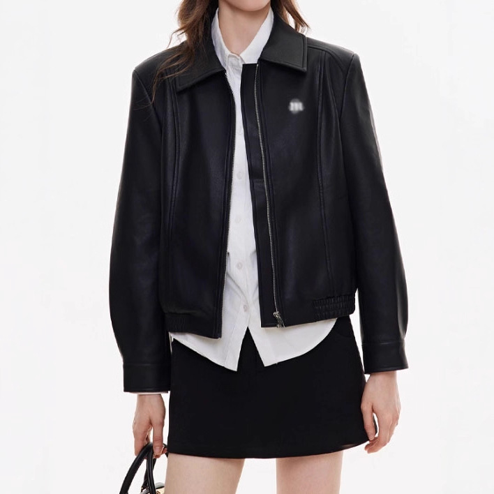 Casual Embroidered Logo, High-End Black Pu Leather Jacket, Women's Spring & Fall New Short Motorcycle Jacket