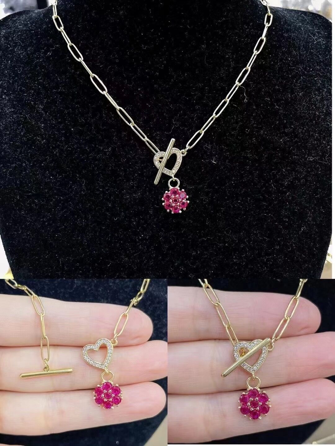 fashion small bee red zircon six petals pendant copper necklace wholesale Nihaojewelry