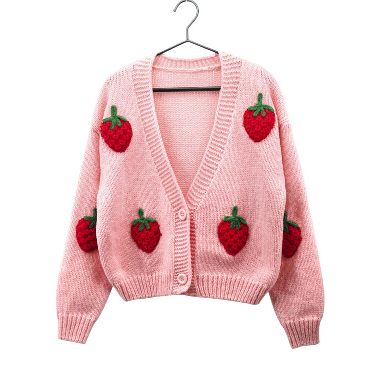 European and American style 2022 autumn and winter New handmade embroidered sweater women's fashion design strawberry pattern long sleeve cardigan knitted
