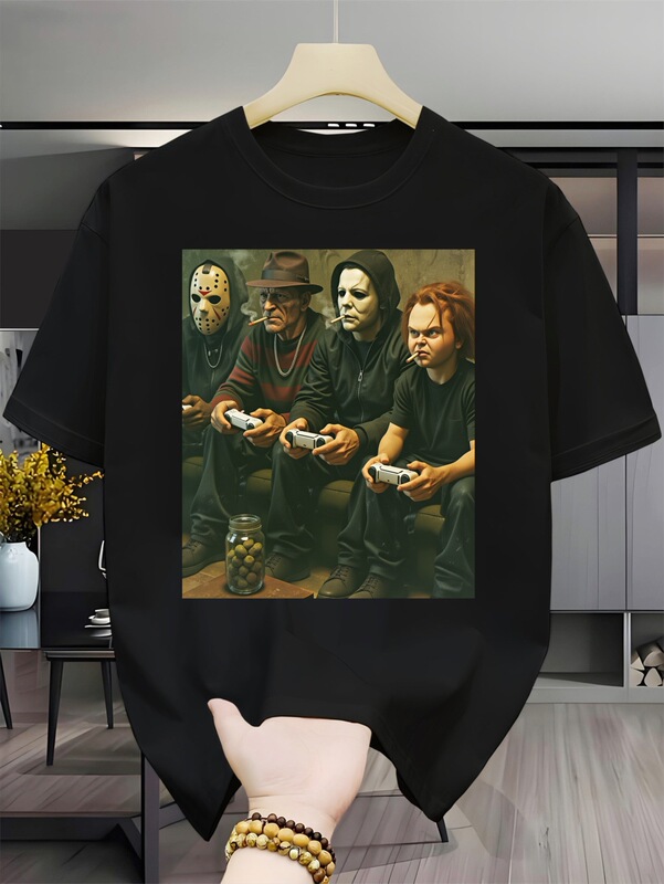 European size cotton T-shirt, Halloween character-themed online game design, men's casual short-sleeved round-neck T-shirt, breathable and comfortable for outdoor wear