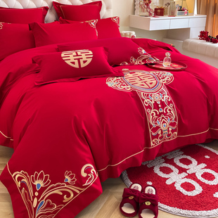 Chinese Dragon and Phoenix Embroider Big Red Wedding Four-Piece Set Newlywed Dowry Pure Cotton Six-Piece Bed Bed Sheets Quilt Cover Bedding
