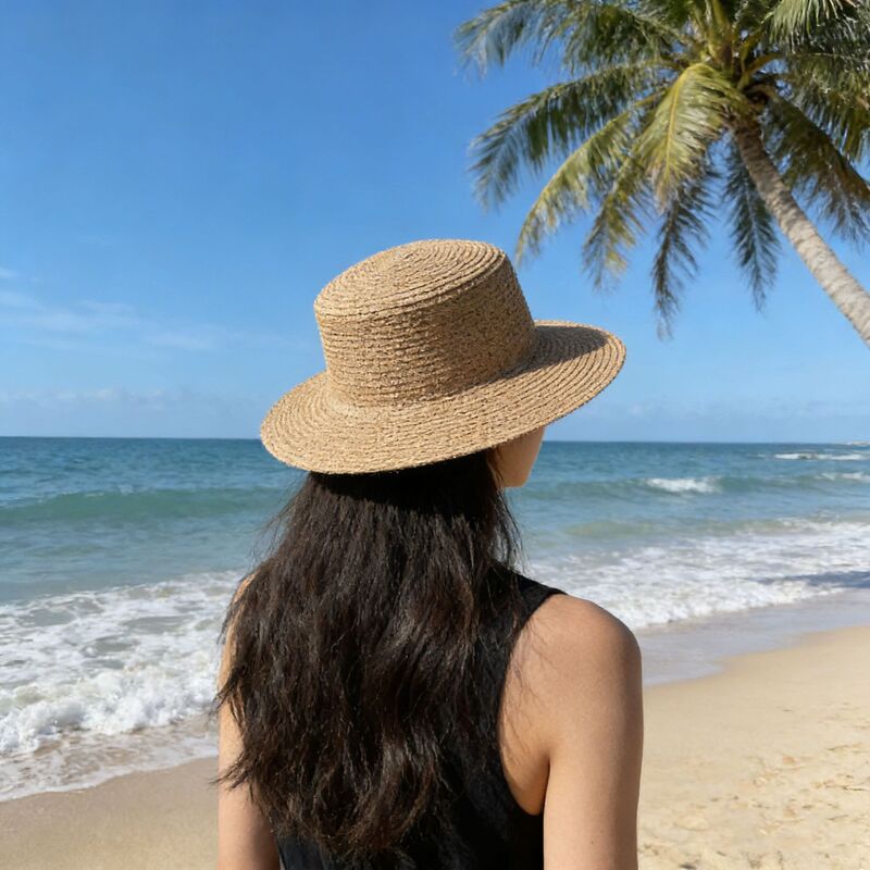 Summer Women's Adult Straw Hat, Plain Flat Top Hat with Brim, Beach Vacation Straw Hat, Sunshade, Sun Protection