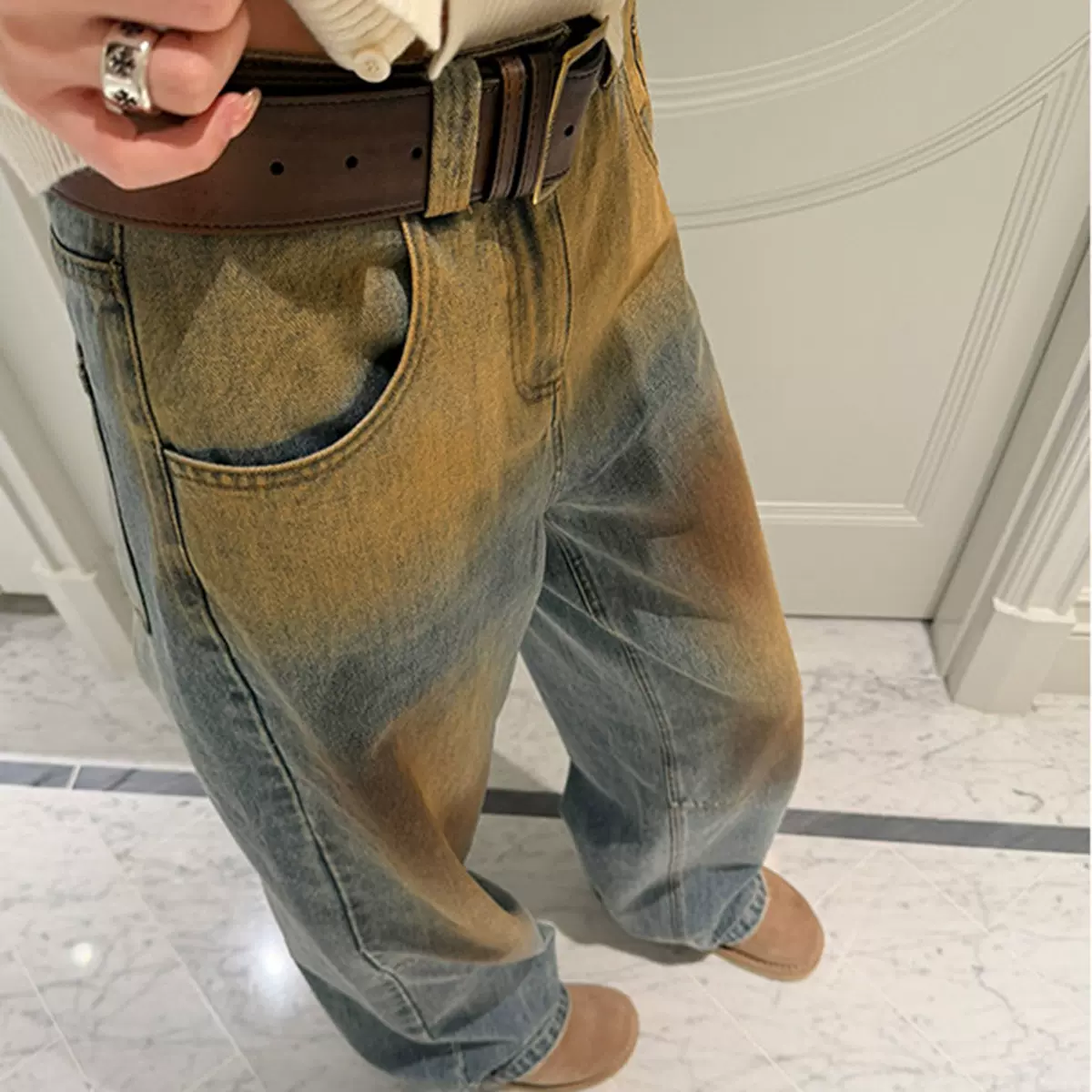 里约摇滚客 水洗复古做旧牛仔裤垂感直筒显瘦宽松长裤女秋冬新款