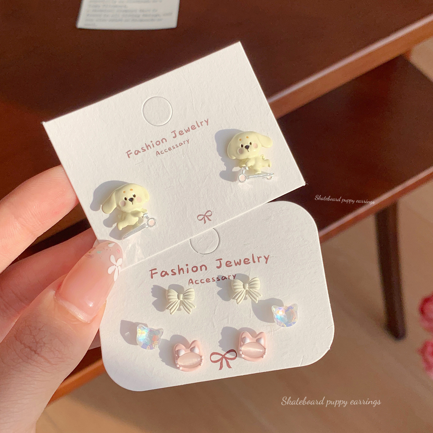 simple cute pink  earings set female cartoon animal scooter puppy childlike student ear stud