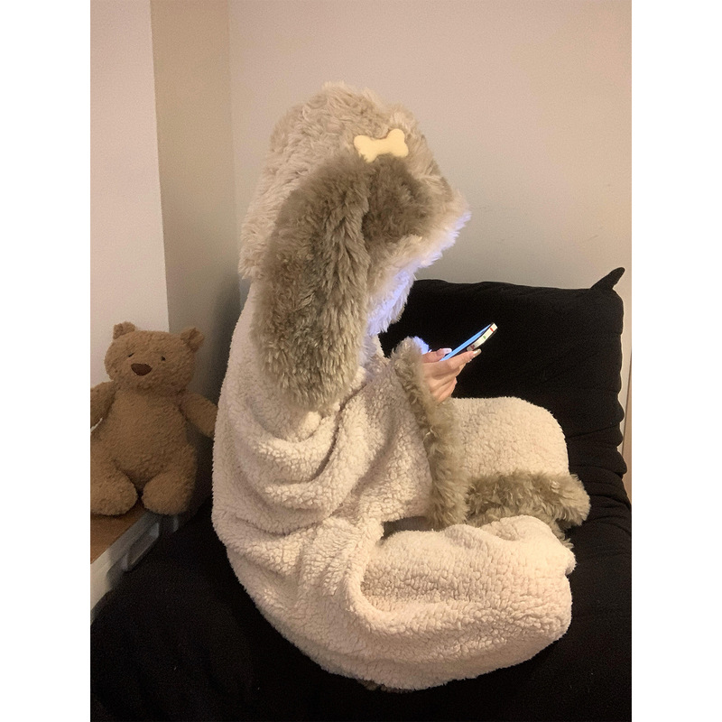 可爱简约卡通珊瑚绒睡袍女秋冬新款加绒加厚保暖家居服套装可外穿|undefined