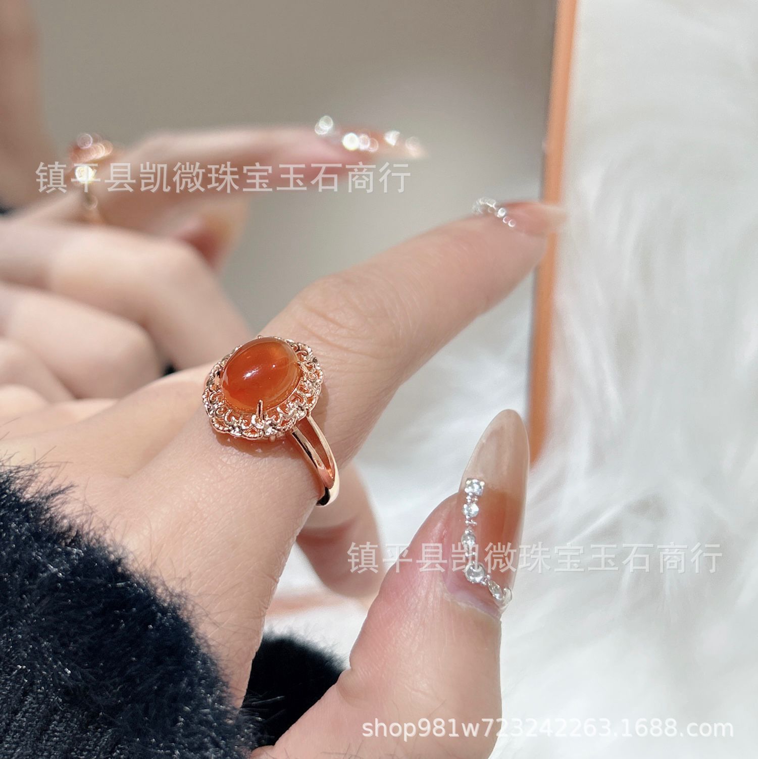 批发盐源玛瑙女戒镀银玫瑰金镶嵌粉玛瑙鸽子蛋女款活口戒指可调节