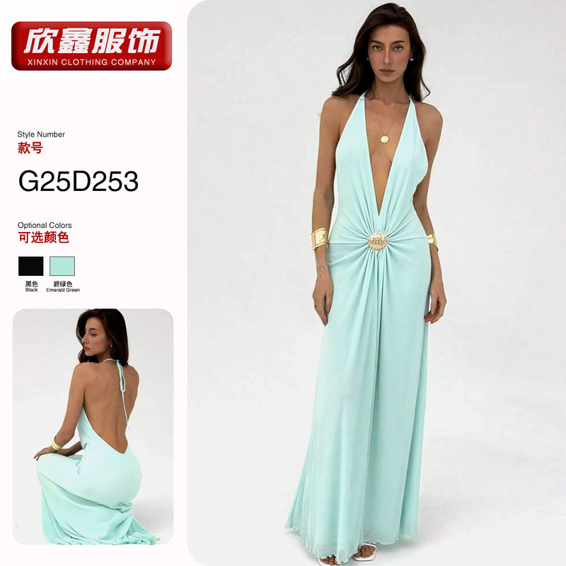 European and American Style Foreign Trade Halter Neck Deep V Backless Waist-Cinching Long Dress, Cross-Border Women's Evening Gown, Slimming Long Dress European and American Style Foreign Trade Halter Neck Deep V Backless Waist-Cinching Long Dress, Cross-Border Women's Evening Gown, Slimming Long Dress