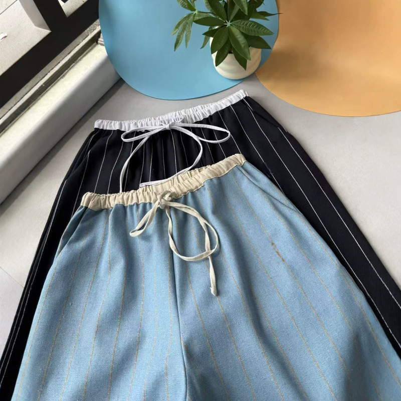 Lazy Style Summer Outfit: American Style Slimming Linen Contrast Color Embroidered Striped Drawstring Loose Casual Pants for Women