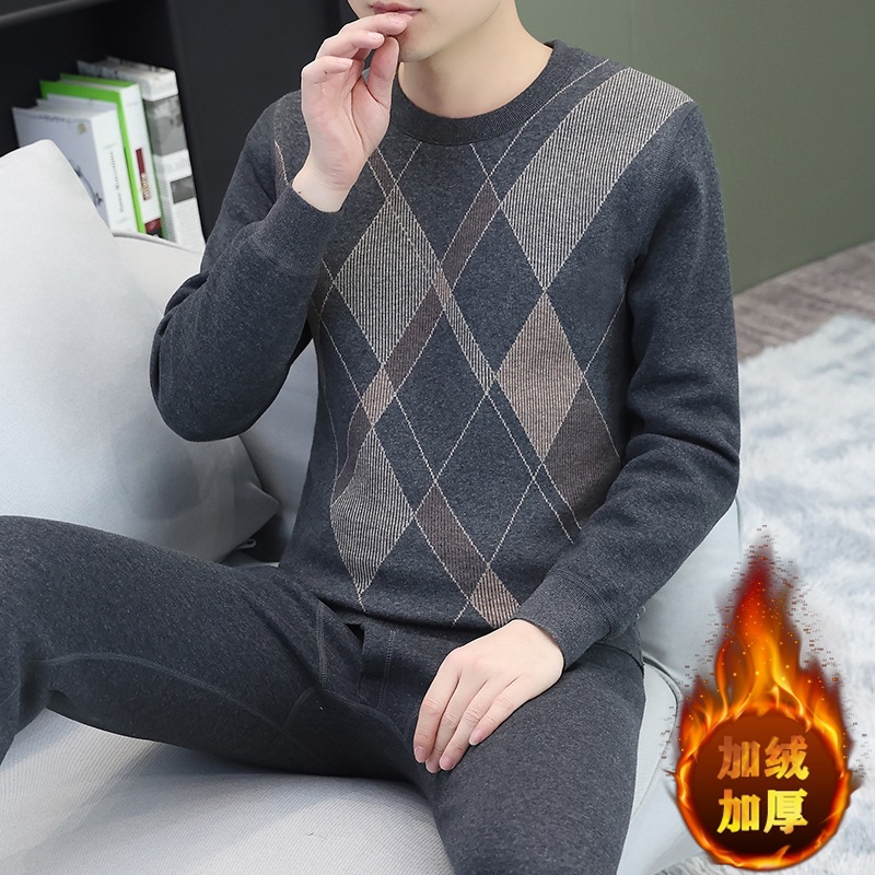 Men's Thermal Underwear Set with Fleece, Thickened Base Layer, Home Round Neck, High-End Pajamas, Skin-Friendly 80% Cotton Two-Piece Set