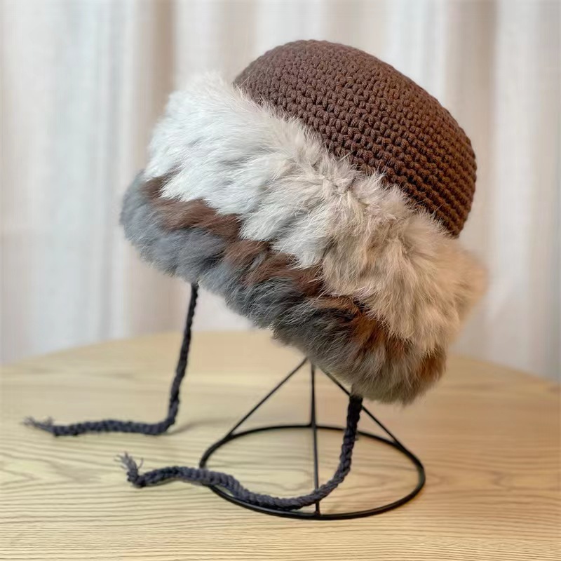 Stickad bøllehatt i kaninpäls för kvinnor höst och vinter_voghion.com